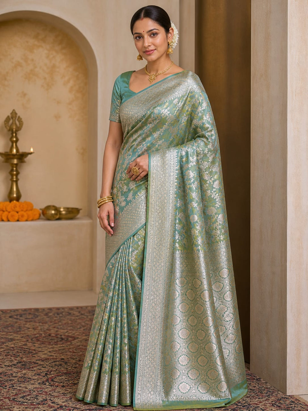 Golden sari work pure silk Banarasi